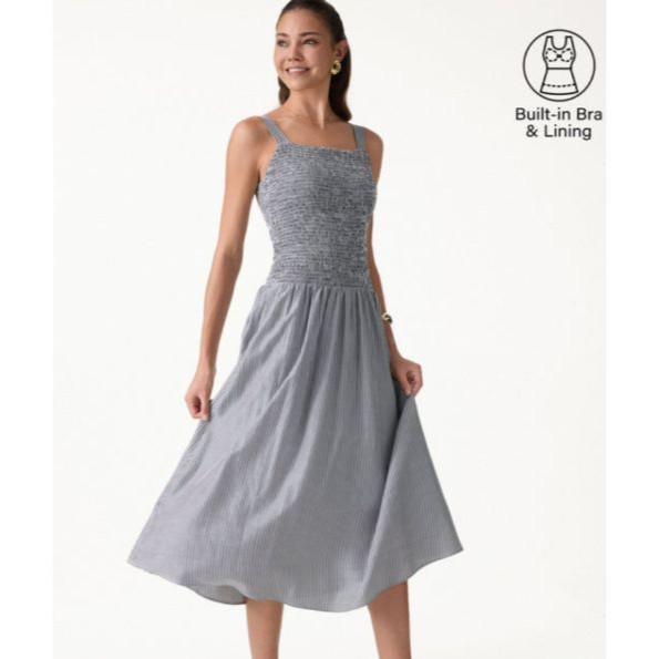 Ogl Gray Striped Smocked Square Neck Side Pocket Midi Brami Dress Petite Medium